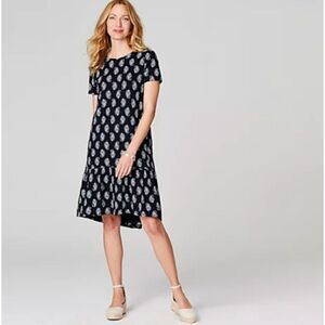 J.Jill Navy Elliptical Knit Paisley Print Flounced Hem Dress Short Sleeve Size L